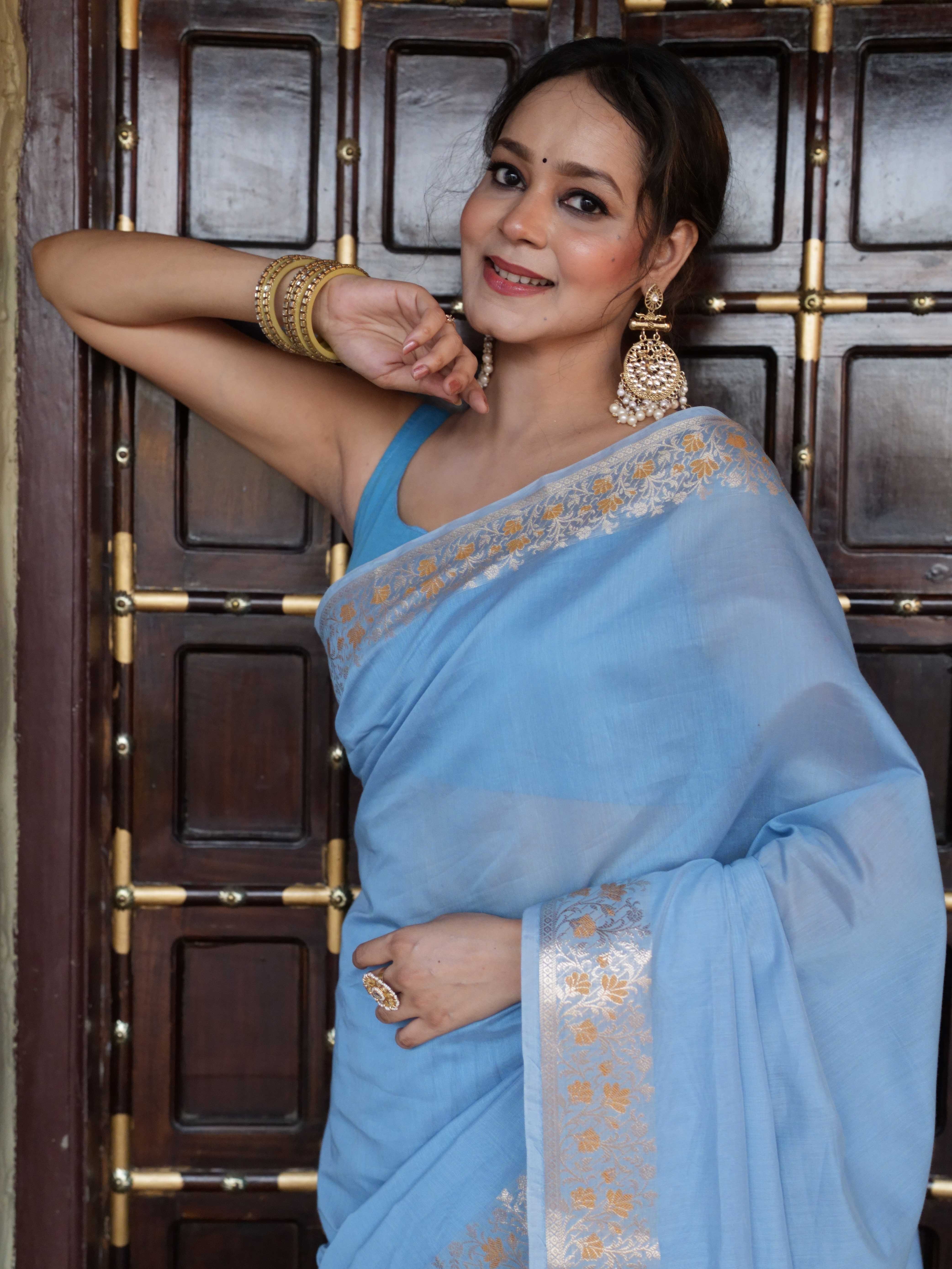 Banarasee Handwoven Cotton Silk Saree Zari Buti & Border-Light Blue