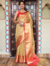 Banarasee Handwoven Broad Border Tissue Saree With Embroidered Design-Gold & Red