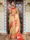 Banarasee Handwoven Broad Border Tissue Saree With Embroidered Design-Gold & Red