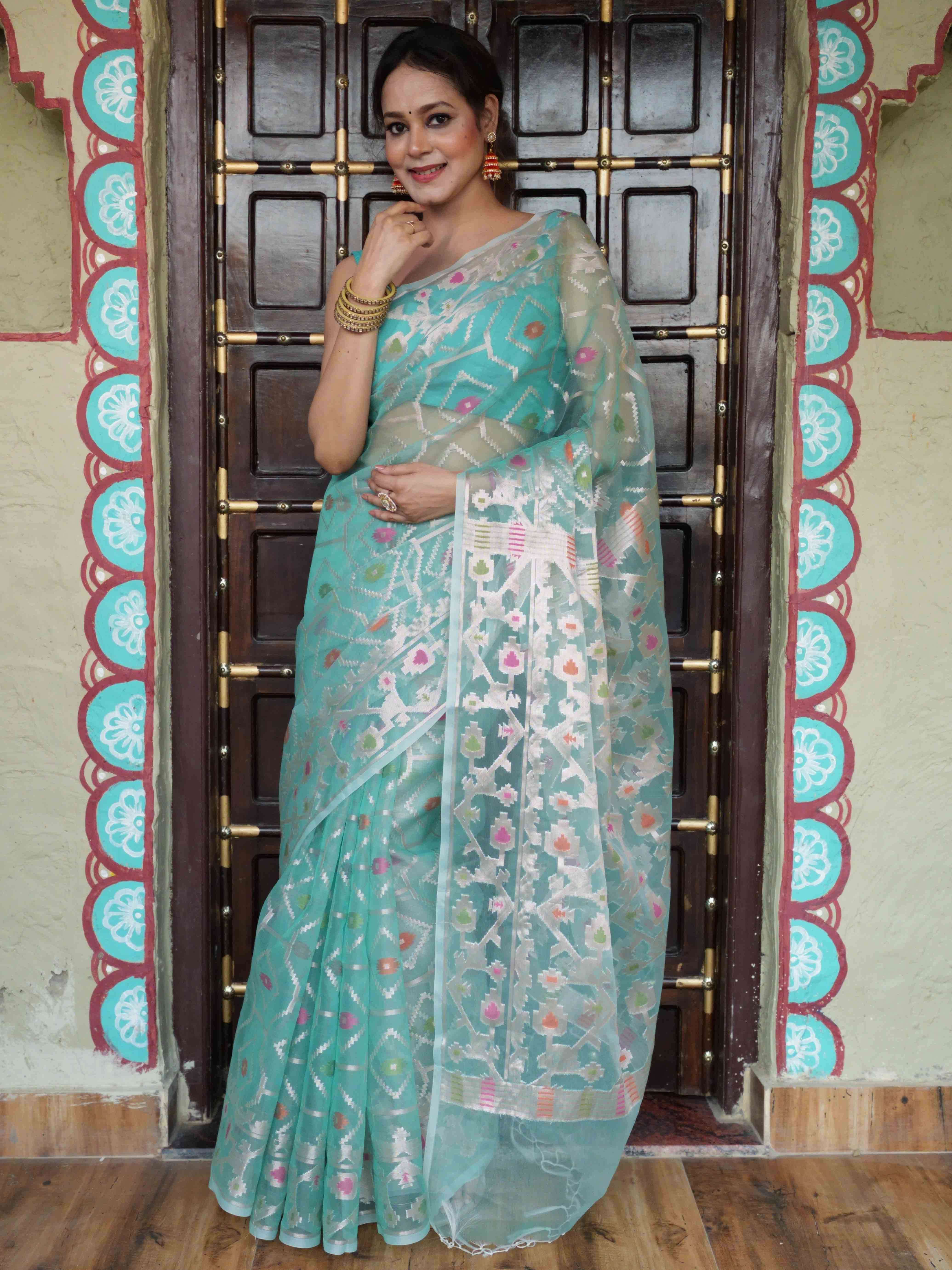 Banarasee Organza Mix Saree With Zari Jaal Design-Green