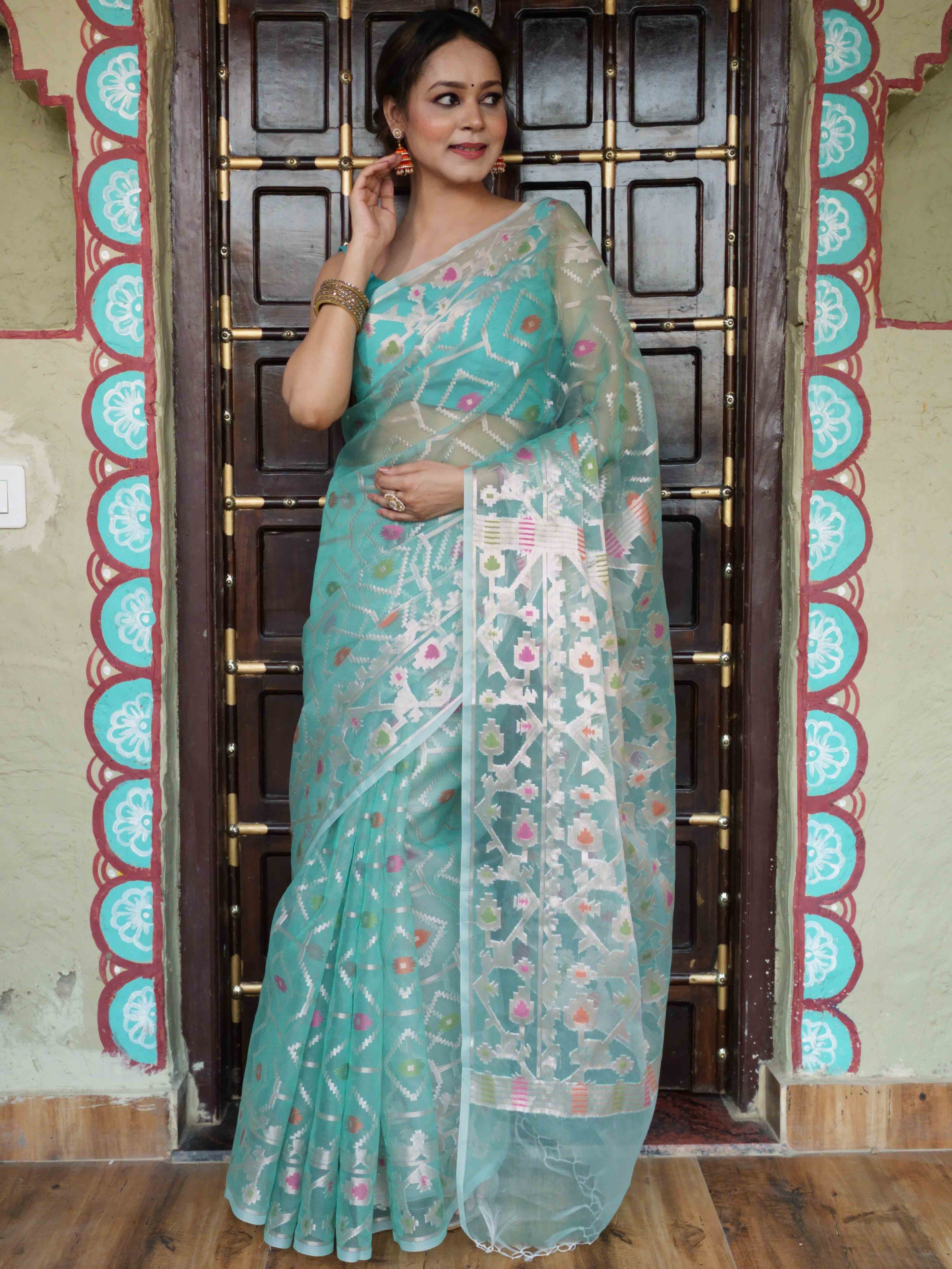 Banarasee Organza Mix Saree With Zari Jaal Design-Green