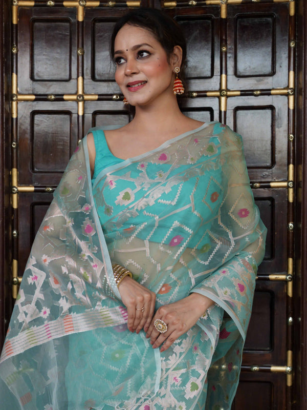Banarasee Organza Mix Saree With Zari Design-Green