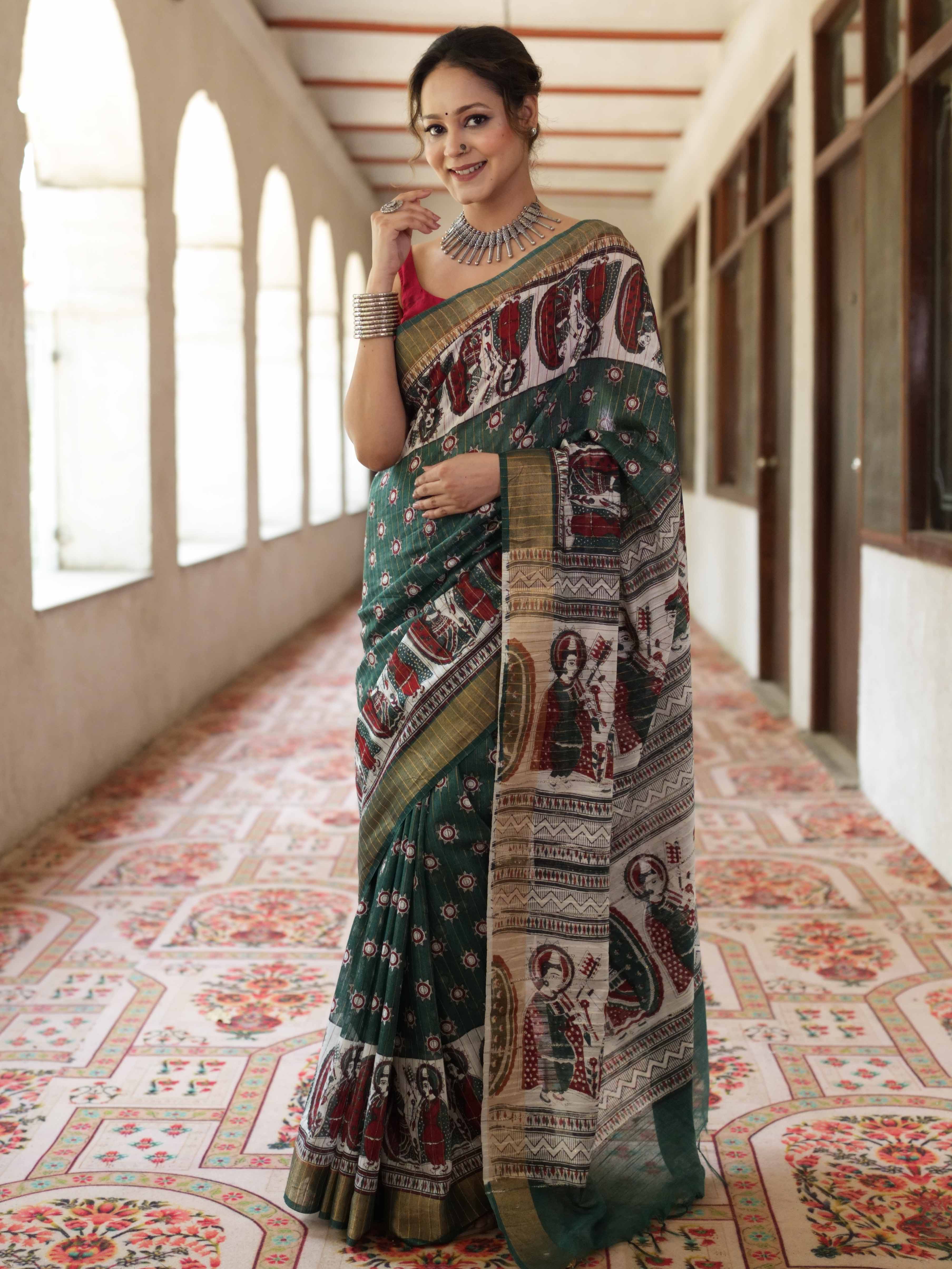Bhagalpur Cotton Silk Ghichha Work Saree With Madhubani Print-Green & White