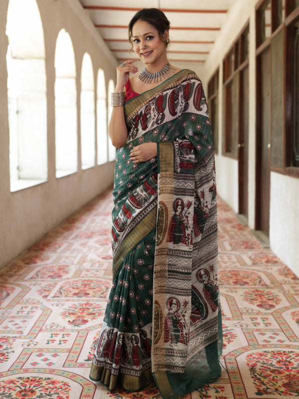 Bhagalpur Cotton Silk Ghichha Work Saree With Madhubani Print-Green & White