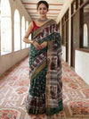 Bhagalpur Cotton Silk Ghichha Work Saree With Madhubani Print-Green & White