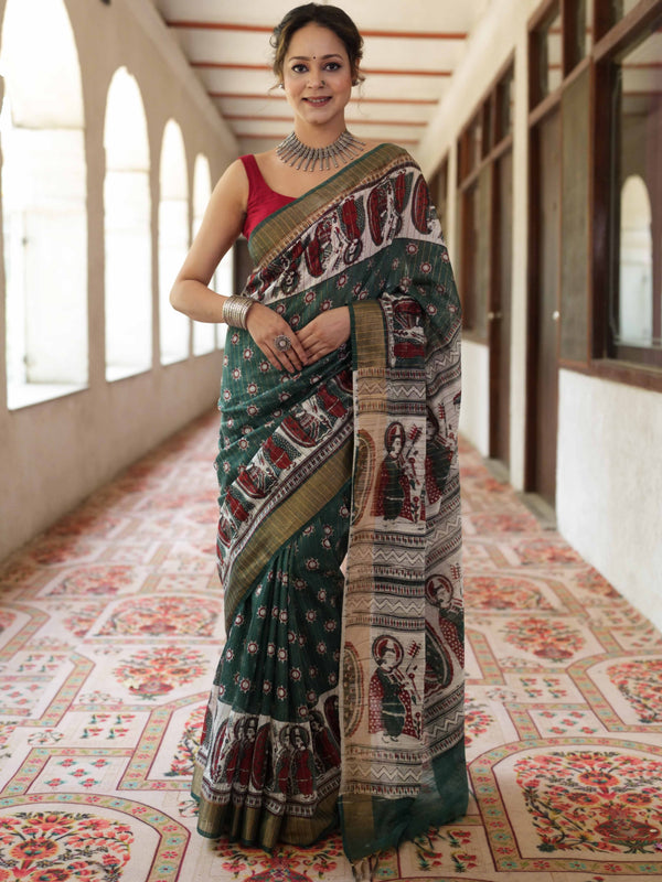 Bhagalpur Cotton Silk Ghichha Work Saree With Madhubani Print-Green & White