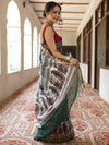 Bhagalpur Cotton Silk Ghichha Work Saree With Madhubani Print-Green & White