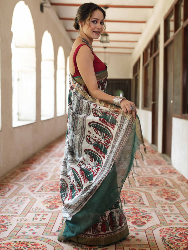 Bhagalpur Cotton Silk Ghichha Work Saree With Madhubani Print-Green & White