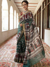 Bhagalpur Cotton Silk Ghichha Work Saree With Madhubani Print-Green & White