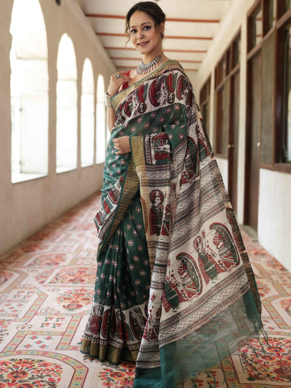 Bhagalpur Cotton Silk Ghichha Work Saree With Madhubani Print-Green & White