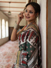 Bhagalpur Cotton Silk Ghichha Work Saree With Madhubani Print-Green & White
