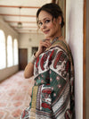 Bhagalpur Cotton Silk Ghichha Work Saree With Madhubani Print-Green & White