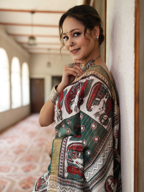 Bhagalpur Cotton Silk Ghichha Work Saree With Madhubani Print-Green & White
