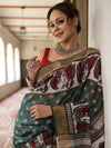 Bhagalpur Cotton Silk Ghichha Work Saree With Madhubani Print-Green & White