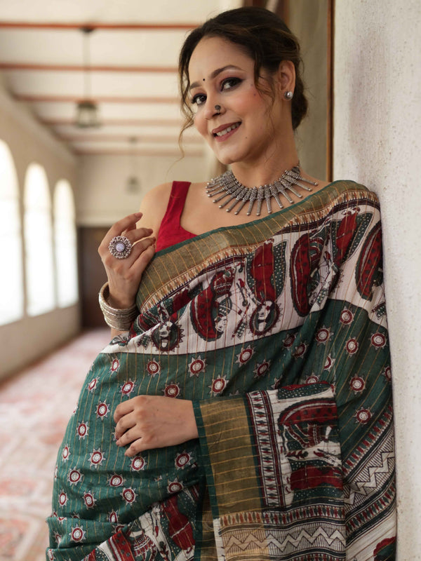 Bhagalpur Cotton Silk Ghichha Work Saree With Madhubani Print-Green & White
