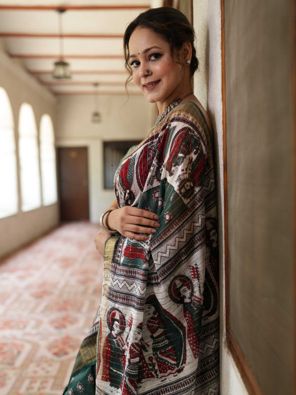 Bhagalpur Cotton Silk Ghichha Work Saree With Madhubani Print-Green & White