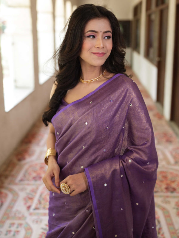 Banarasee Handloom Linen Saree With Mirror Work-Violet