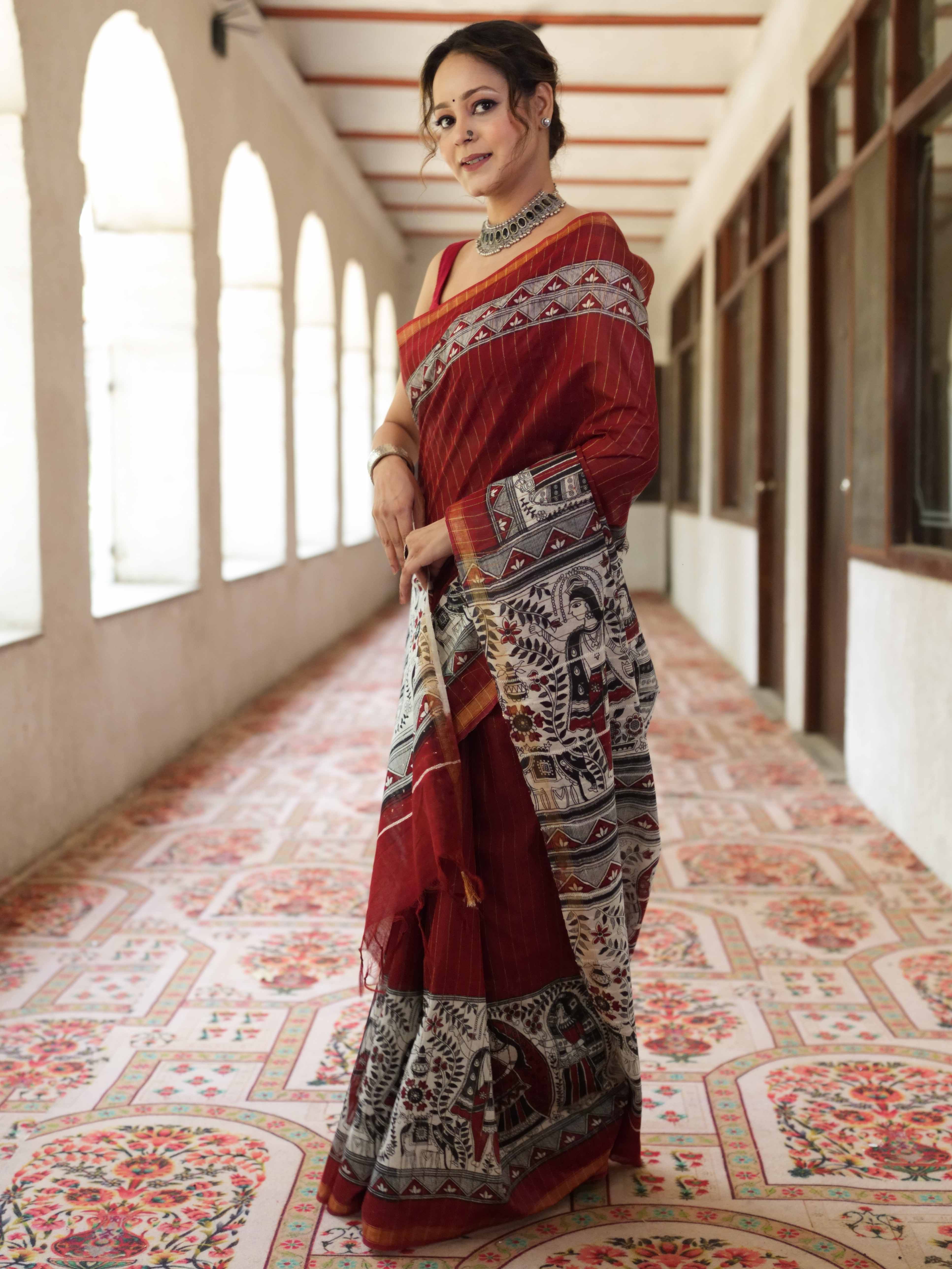 Bhagalpur Cotton Silk Ghichha Work Saree With Madhubani Print-Maroon & White