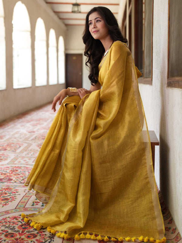 Banarasee Handloom Linen By Tissue Metallic Shine Saree-Golden Yellow