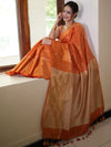 Banarasee Handloom Linen Saree With Mirror Work-Orange