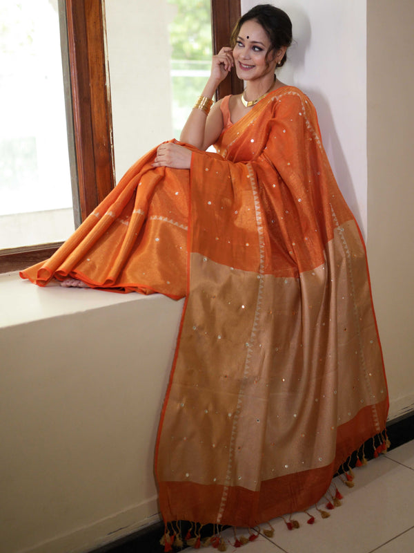 Banarasee Handloom Linen Saree With Mirror Work-Orange