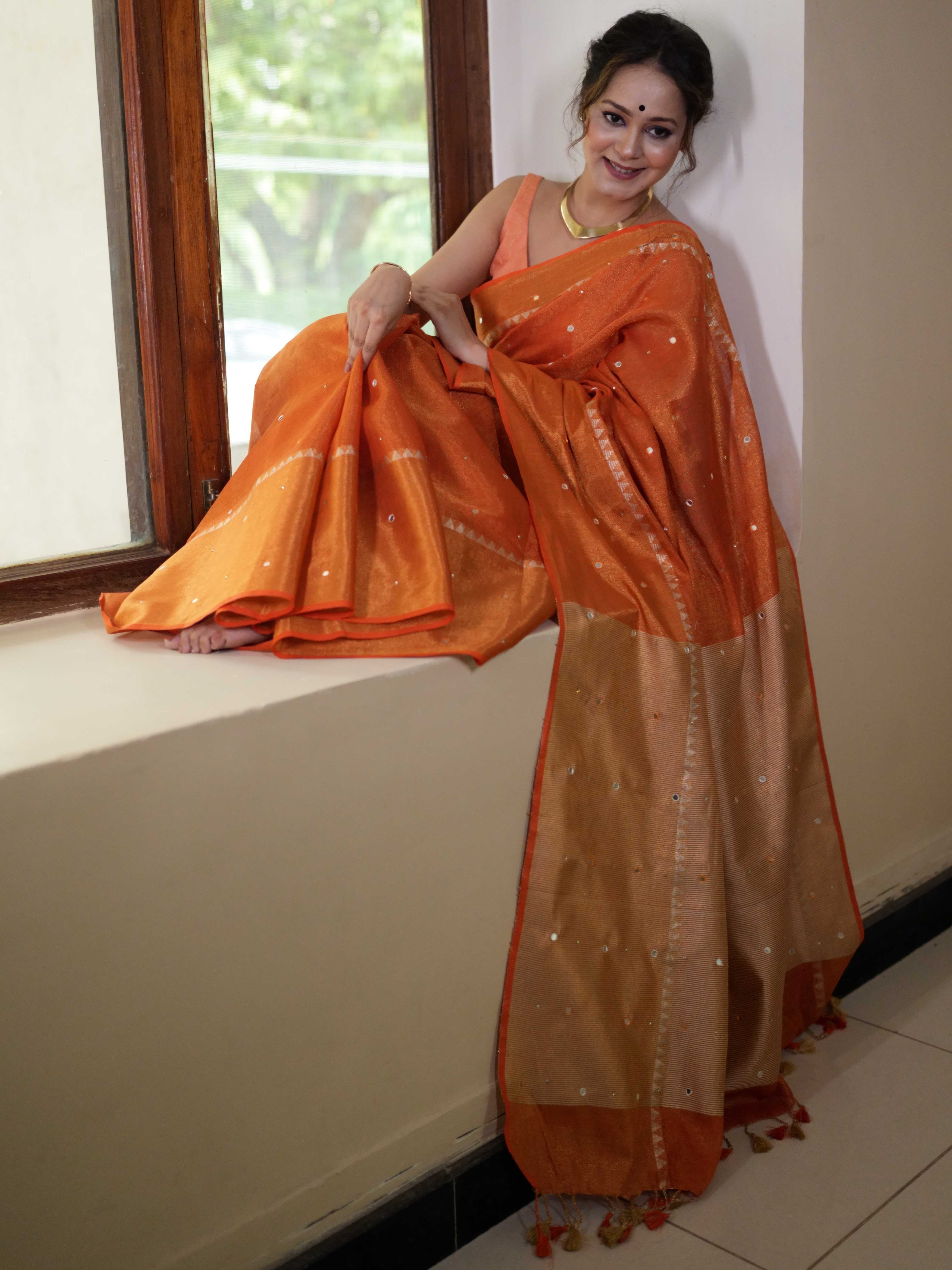 Banarasee Handloom Linen Saree With Mirror Work-Orange
