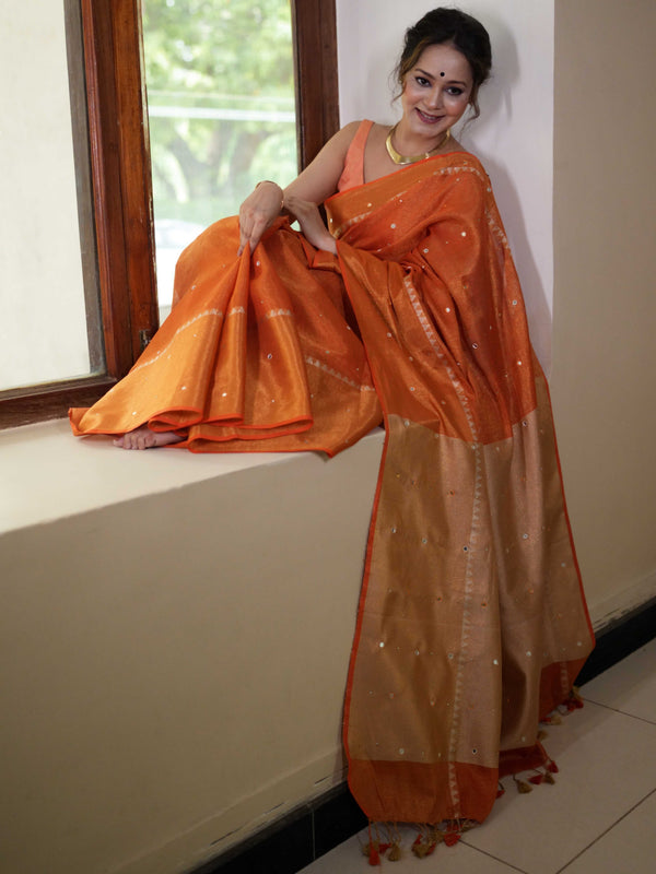 Banarasee Handloom Linen Saree With Mirror Work-Orange