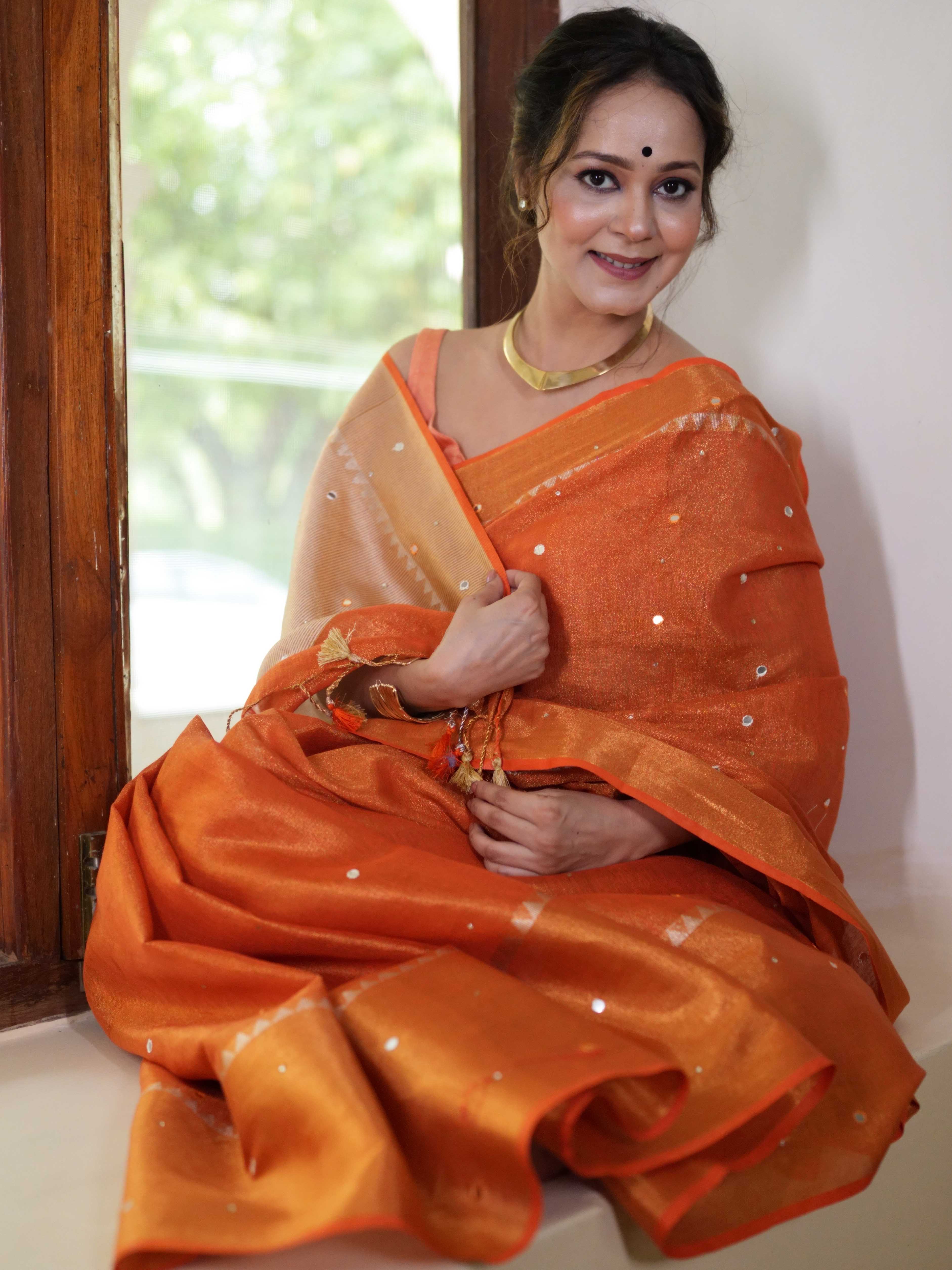 Banarasee Handloom Linen Saree With Mirror Work-Orange