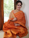 Banarasee Handloom Linen Saree With Mirror Work-Orange
