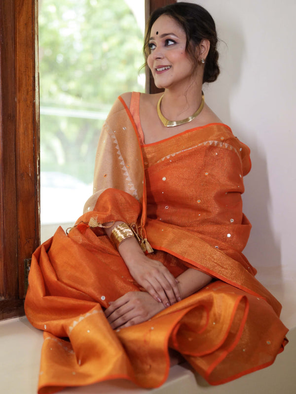 Banarasee Handloom Linen Saree With Mirror Work-Orange