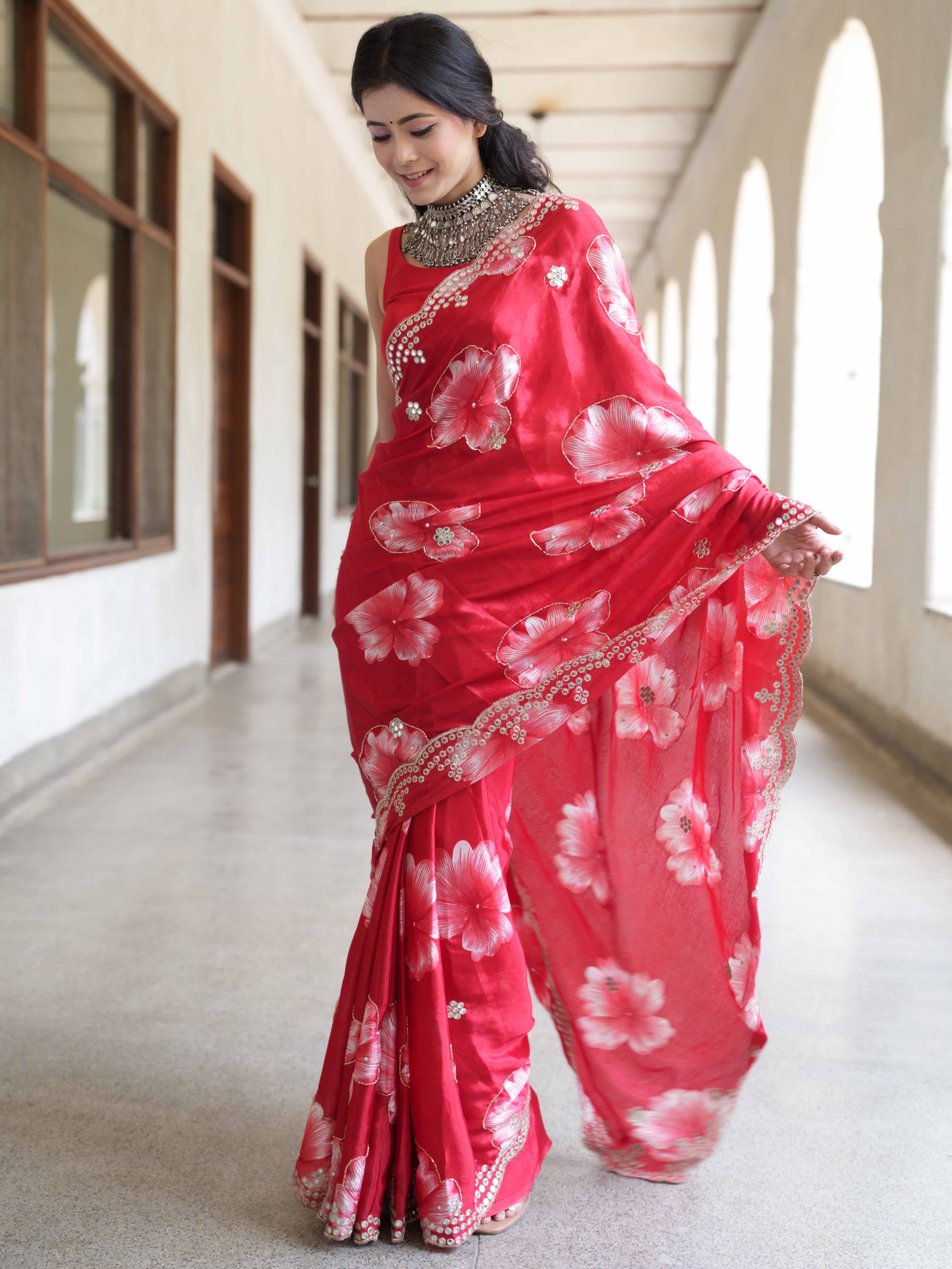 Banarasee Handwoven Satin Floral Printed Saree With Handwork & Scallop Border-Red
