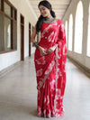 Banarasee Handwoven Satin Floral Printed Saree With Handwork & Scallop Border-Red