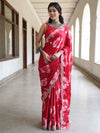 Banarasee Handwoven Satin Floral Printed Saree With Handwork & Scallop Border-Red