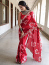 Banarasee Handwoven Satin Floral Printed Saree With Handwork & Scallop Border-Red