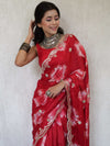 Banarasee Handwoven Satin Floral Printed Saree With Handwork & Scallop Border-Red