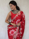 Banarasee Handwoven Satin Floral Printed Saree With Handwork & Scallop Border-Red