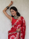 Banarasee Handwoven Satin Floral Printed Saree With Handwork & Scallop Border-Red