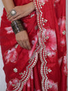 Banarasee Handwoven Satin Floral Printed Saree With Handwork & Scallop Border-Red