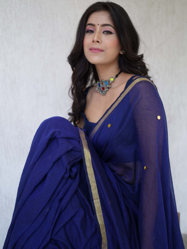 Handloom Mul Cotton Saree With Mirror Work Gold Zari Border-Blue