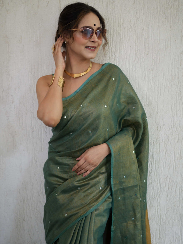 Banarasee Handloom Linen Saree With Mirror Work-Green