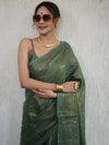 Banarasee Handloom Linen Saree With Mirror Work-Green