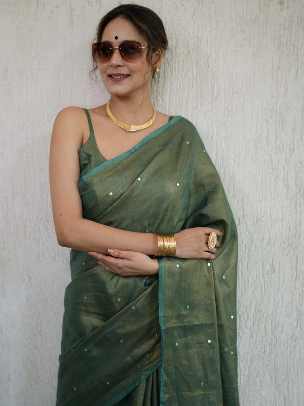 Banarasee Handloom Linen Saree With Mirror Work-Green
