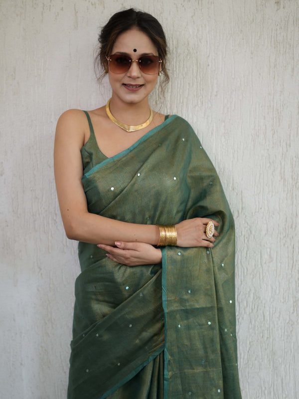 Banarasee Handloom Linen Saree With Mirror Work-Green