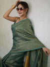 Banarasee Handloom Linen Saree With Mirror Work-Green