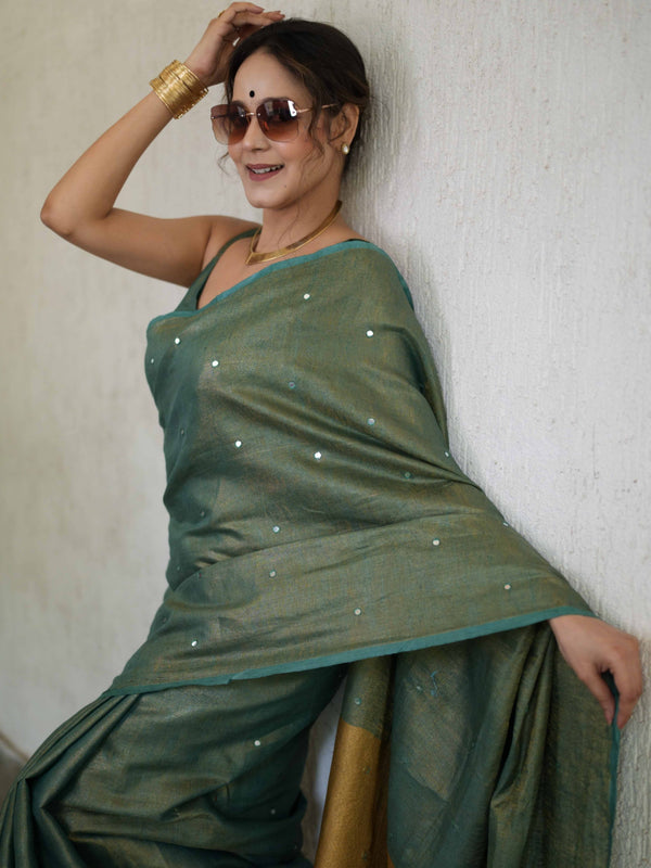 Banarasee Handloom Linen Saree With Mirror Work-Green