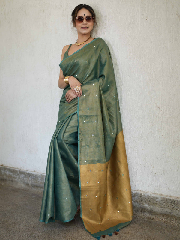 Banarasee Handloom Linen Saree With Mirror Work-Green