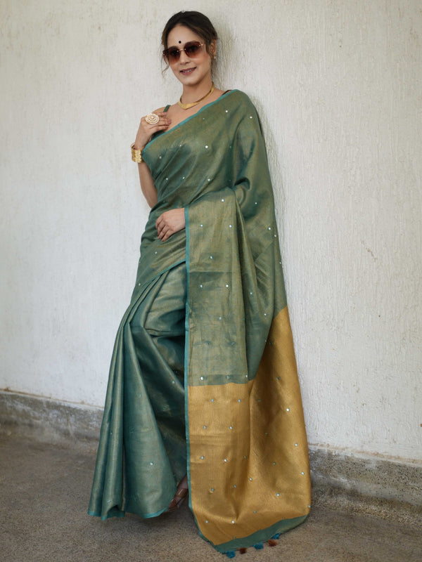 Banarasee Handloom Linen Saree With Mirror Work-Green