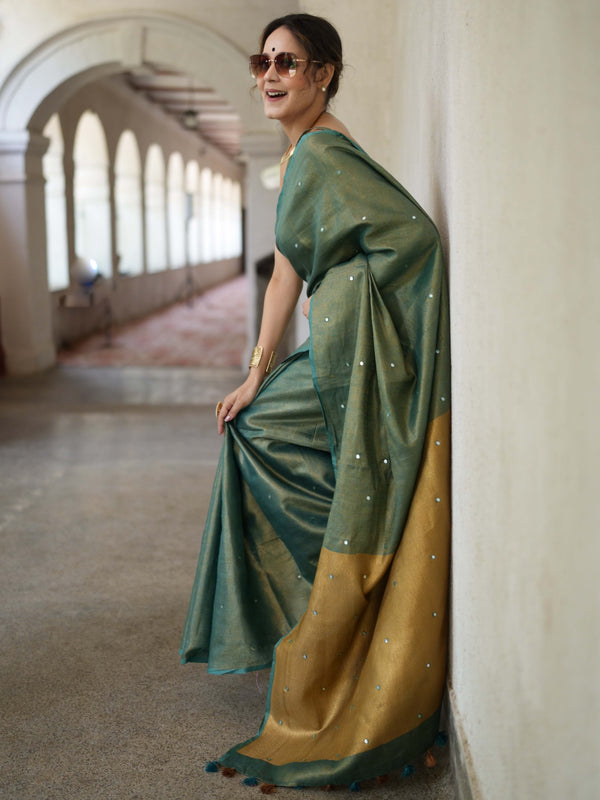Banarasee Handloom Linen Saree With Mirror Work-Green