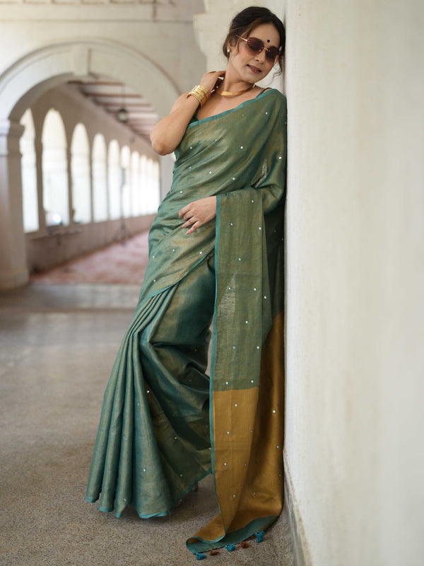 Banarasee Handloom Linen Saree With Mirror Work-Green