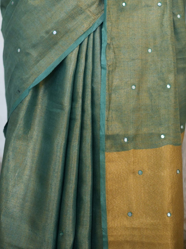 Banarasee Handloom Linen Saree With Mirror Work-Green